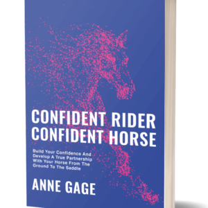 Image of paperback book. A pink running horse graphic on a blue background. Title: Confident Rider Confident Horse: Build Your Confidence And Develop A True Partnership With Your Horse From The Ground To The Saddle Anne Gage